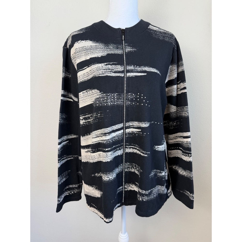 Jess & Jane Cotton Jacket Brush Art to Wear XL Black Abstract Rhinestone Zip